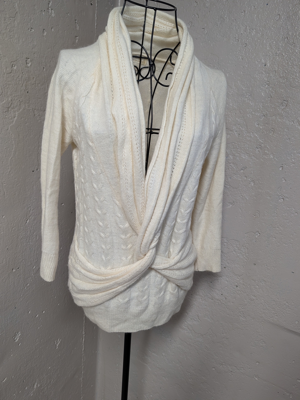 Kaisely Ivory Angora Wool Blend Cable Knit Draped Wrap Sweater